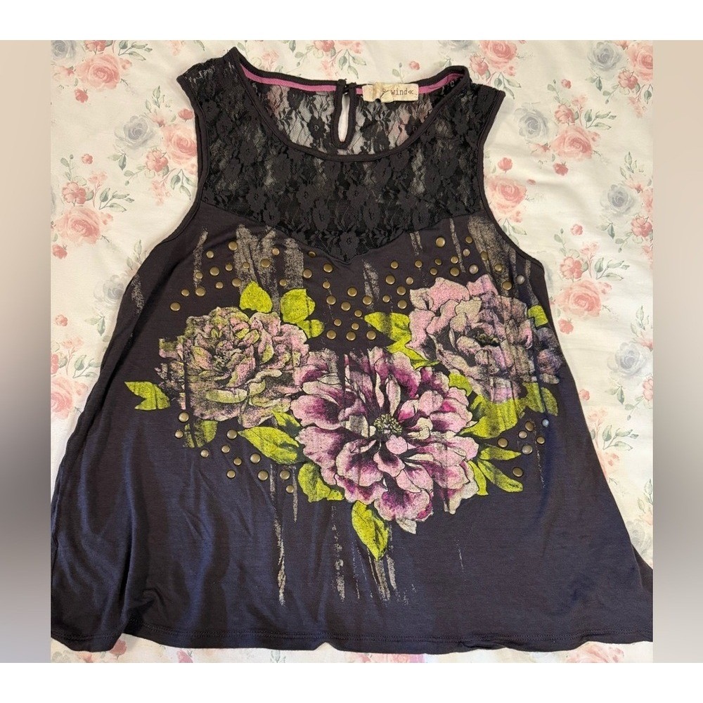 Rewind Lace Floral Studded Tank‎ Top Black Women's Size S